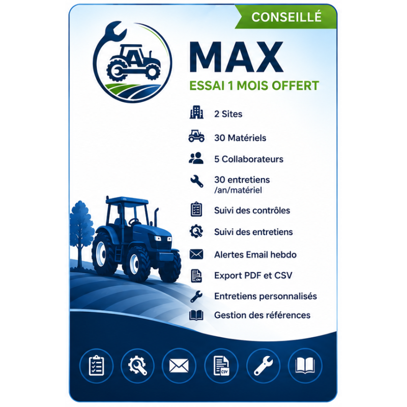Abonnement AgriMaintenance MAX | Gestion 2 Sites & 30 Matériels